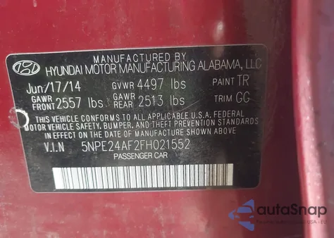 2015 Hyundai Sonata Se из США, поврежденный, VIN 5NPE24AF2FH021552